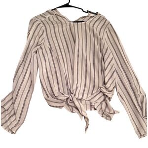 Fourteenth Place Womens Small White Navy Striped Tie Front Bell Sleeve Blouse